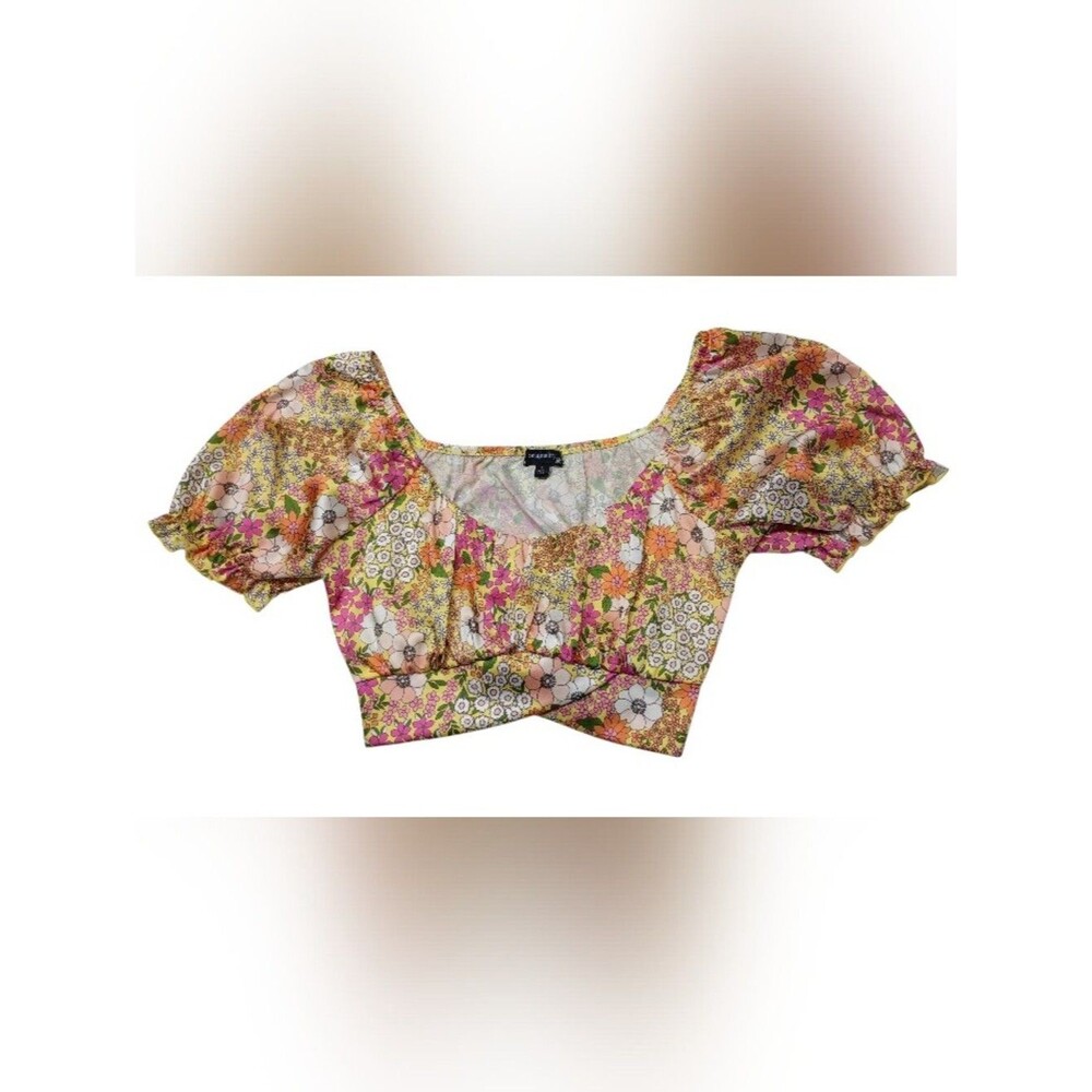 Dillard's Originality Cropped Blouse Junior Sz L Top Puff Sleeves Yellow Floral